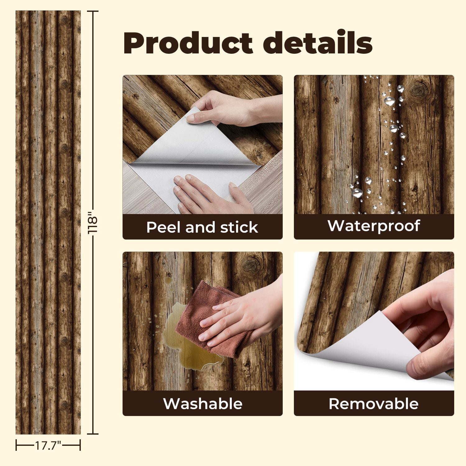Peel and Stick Wallpaper 17.7in x 9.8ft Rustic Wooden Log Texture Natural Grain Contact Paper Vinyl Self-Adhesive Removable Wall Paper for Bedroom DIY Home Decor Renter Friendly