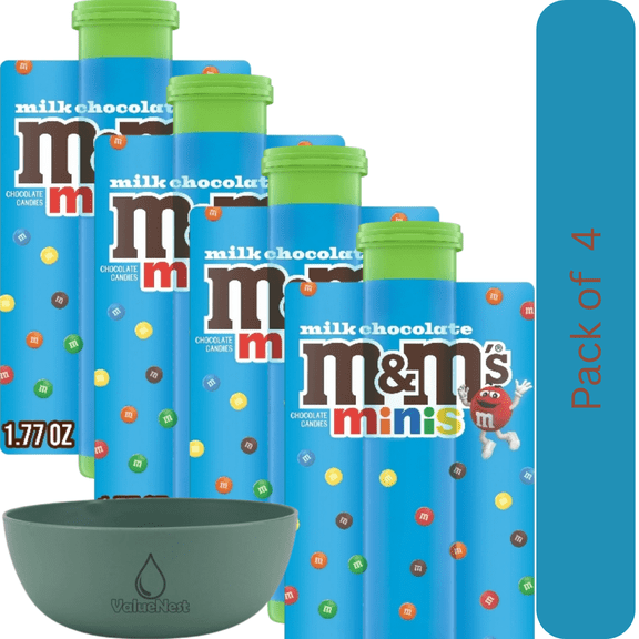 M&M's Minis Milk Chocolate Candy - 1.77 oz Mega Tube 4 Packs with Bowl by Value Nest