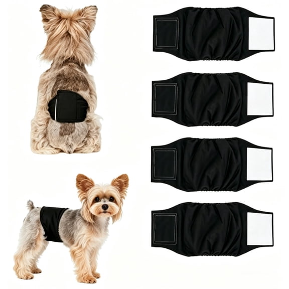 Reusable Male Dog Diapers 4 Pack, Washable Belly Manner Band for Dogs, Pet Diapers for Male Dog Puppy, Black, Medium