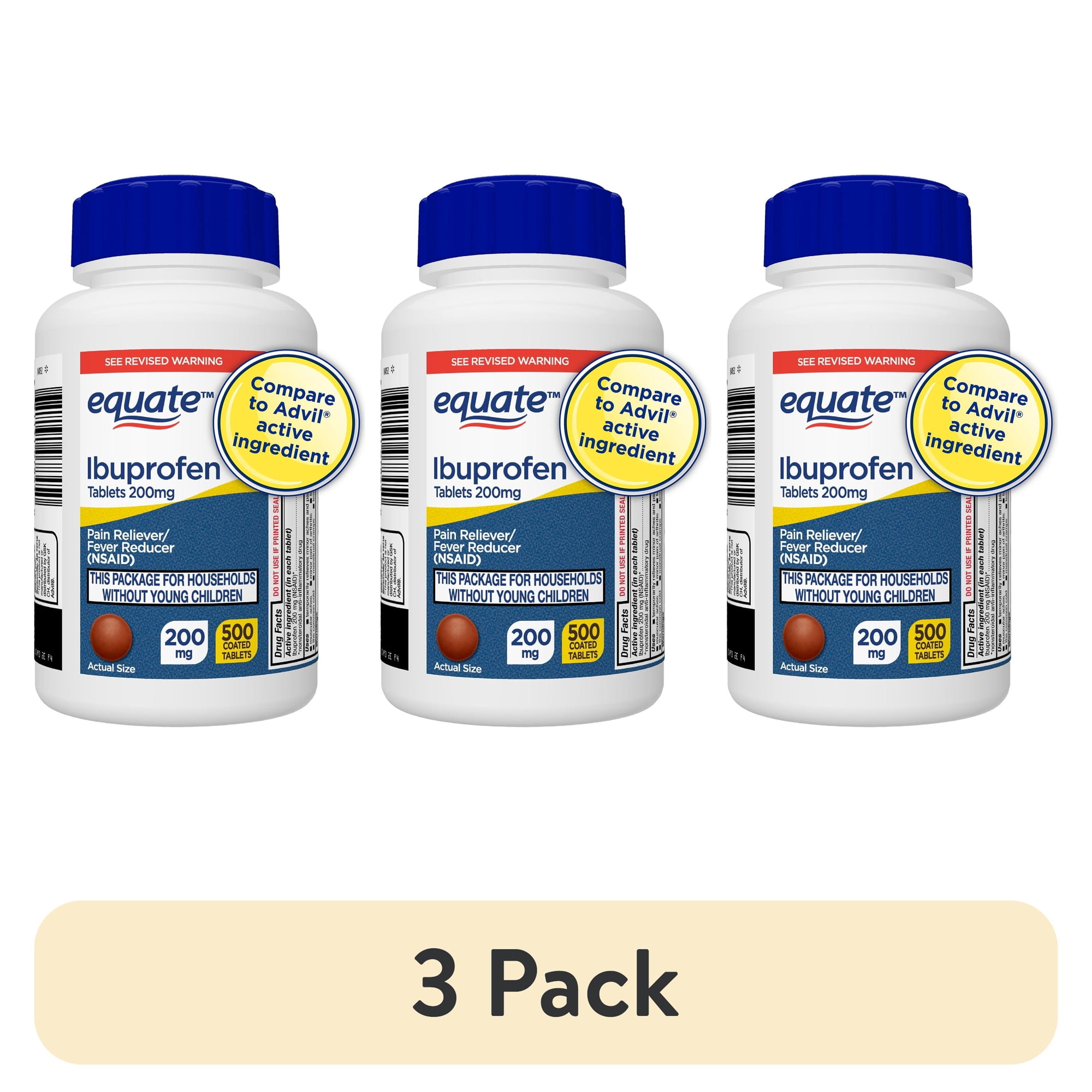 (3 pack) Equate Ibuprofen Tablets, 200 mg, Pain Reliever and Fever Reducer, 500 Count