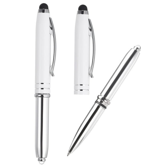Uxcell Ballpoint Pen with Stylus Tip and LED Flashlight Metal Pen Black Ink 1.0mm Medium Point Stylus Pen, White 3 Pack
