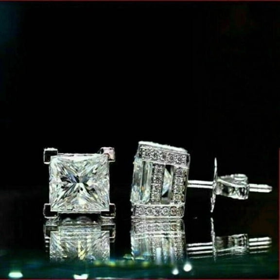2Ct Princess Cut Simulated Diamond Cluster Women Solitaire Stud Earrings 14K White Gold Plated