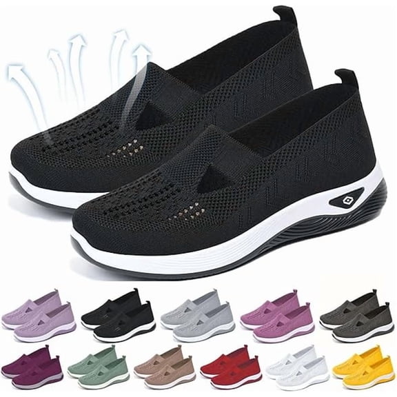 Uelaod Women's Orthopedic Slip-On Walking Shoes, Lightweight Breathable Mesh Arch Support Sneakers for Plantar Fasciitis, Wide Width Non-Slip Gym Comfort Shoes