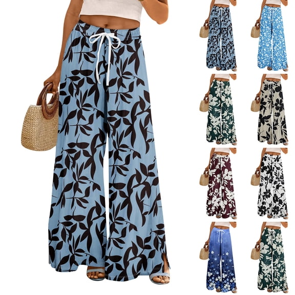Boho Wide Leg Pants for Women Flowy Drawstring Floral Palazzo Pants Baggy Tropical Hawaiian Pull on Beach Pan Red XL