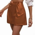 thumbnail image 3 of Leather Skirts for Women High Waisted PU Leather Shorts Elastic Waist Ruched Wrap Skirt Brown S, 3 of 7