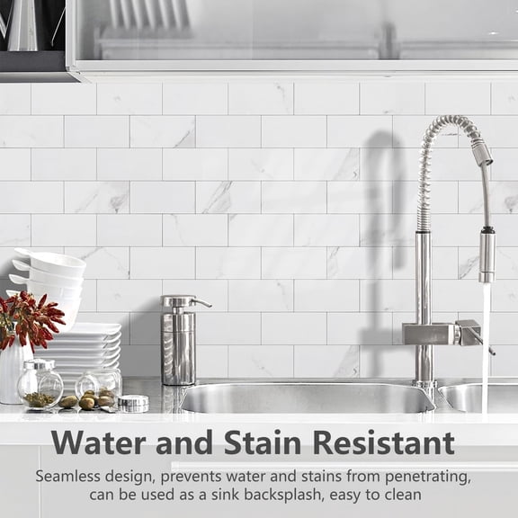 100-Pieces Peel and Stick Backsplash, 3" x 6" PVC Wall Tile, Marble White Stick on Backsplash for Kitchen/Bathroom/Fireplace