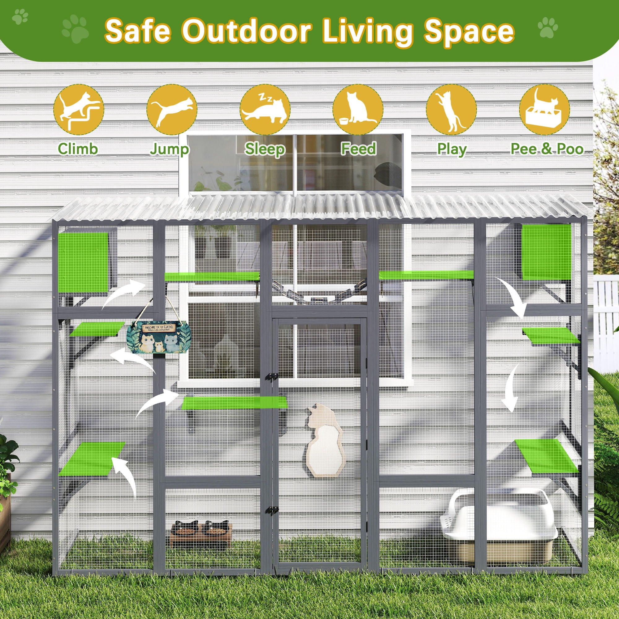 COZIWOW Outdoor Wooden Cat Enclosure Large Cat Catio with Scratcher Pet Playpen for Multiple Kittens