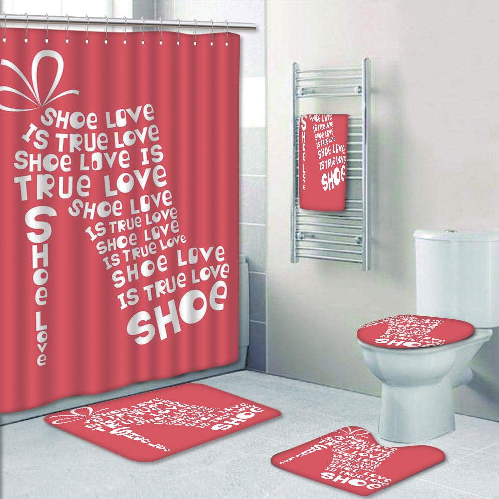 Erehome Shoe Love Is True Love Fashion Colored Woman Shoe Made From Quotes Funny Coral 5 Piece Bathroom Set Shower Curtain Bath Towel Bath Rug Contour Mat And Toilet Lid Cover
