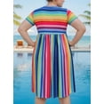thumbnail image 2 of Cuteduck Plus Size Dresses for Curvy Women Summer Short Sleeve Dress Rainbow Striped V Neck Casual Dress with Pockets 1X-5X, 2 of 9