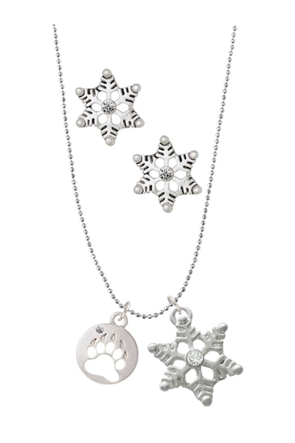 Silvertone Bear Paw Silhouette Silver tone Snowflake Charm Necklace and Stud Earrings