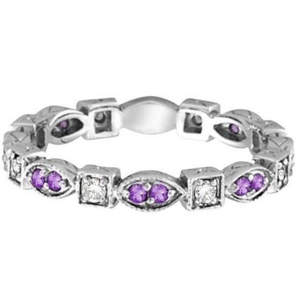 Amethyst CZ Diamond Eternity Anniversary Ring Band Stacking 925 Sterling Silver Gemstone Jewelry For Women Gift