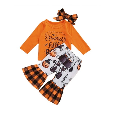 

Mioliknya Baby Girls Halloween Clothing Set Letter Print T-Shirt Pumpkin Flared Trousers Headband