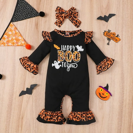 

Boys Girls Long Sleeve Romper Letter Leopard Dot Prints Flare Jumpsuit Headbands Set