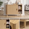 thumbnail image 3 of Cat Litter Box Enclosure with Sliding Doors, Wooden Cat Furniture Cabinet with 2 Storage Shelves & Top Table, Kitty-Friendly Round Entry, Hide Messy,Oak, 3 of 9