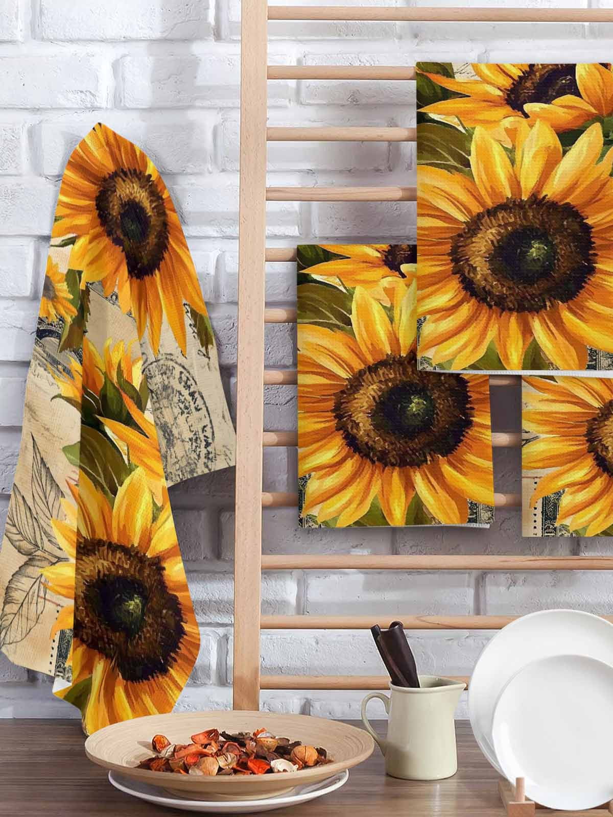 Yellow Sunflower Hand Towels Set, Waffle Weave Kitchen Towels 2 Pieces, Watercolor Retro Floral Plant Leaf Microfiber Hair Face Bath Tea Towel Absorbent Quick Drying Cleaning Dish Cloths 15.7"x23.6"