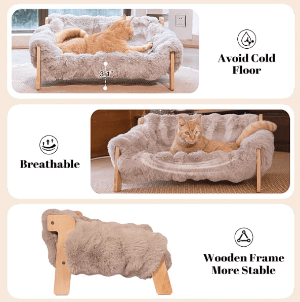 CheerPals Elevated Cat Couch Bed, Wooden Cats Sofa with Removable Washable Fluffy Cover Raised Kitty Lounge Chair Suitable for Puppy(Khaki)