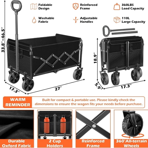 Wagons Carts Foldable, Collapsible Wagon, Foldable Wagon Cart with Wheels, Folding Wagons for Beach Camp Sports Garden, 2 Cup Holders/Lightweight Portable/Black/360 LBS