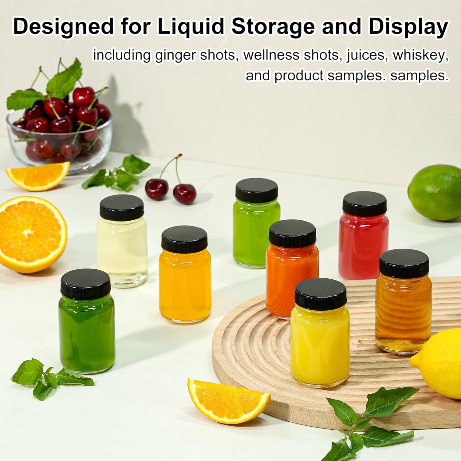 TT - 28 Pack 2oz Glass Shot Bottles with lids - Small Clear Jars for Ginger, Wellness Shots, Juice, Whiskey - Travel mini Reusable Wide Mouth bottles- Leakproof, Dishwasher Safe