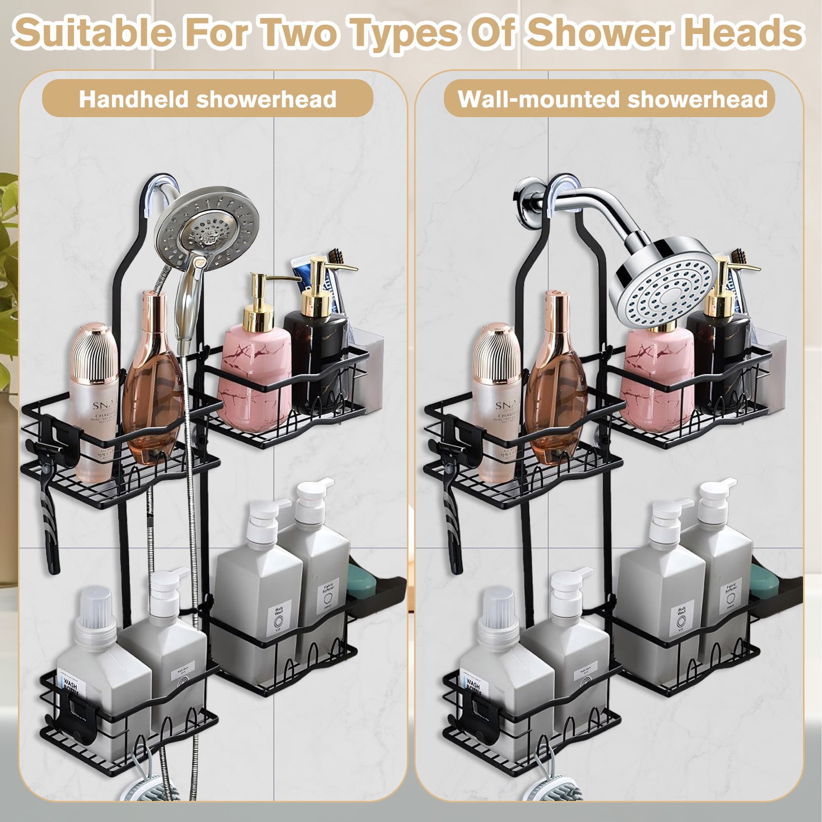 VEGCOO Over The Shower Head Caddy - 2 Tier Hanging Rustproof Metal Shower Organizer with Integrated Toothbrush Holder & Soap Dish, No Drill Adjustable Bathroom Shelf, for Shampoo, Loofah, Razors