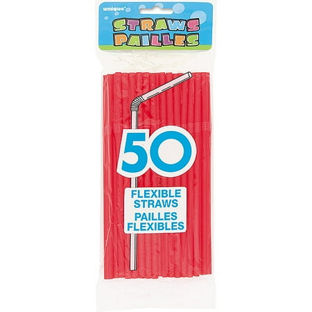 Flexible Red Plastic Drink Straws, 50pk
