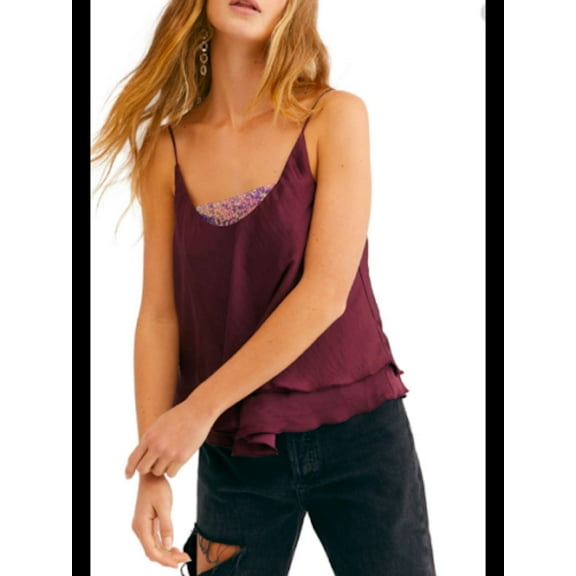 FREE PEOPLE Womens Burgundy Spaghetti Strap Satin Tank Top Size: S