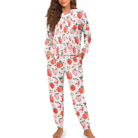 FOR U DESIGNS Pink Strawberry Pajama Set Long Sleeve and Pants with Drawstring for Women 2 Piece Size XL Sleepwear Long Crew Neck Tops for Women Nightwear Comfortable