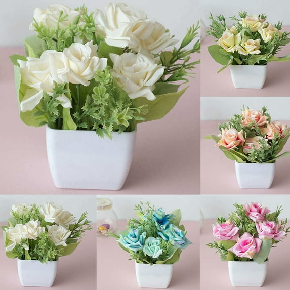 Travelwant Potted Artificial Flowers Fake Flower Mini Artificial Potted Flowers, Fake Silk Flowers Plants in White Plastic Pots for Office Desktop Home Wedding Party Decoration