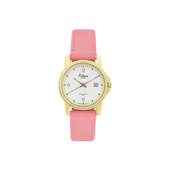 Orlean Womens Easy to Read Watch with Date - 316L Stainless Steel Case with Leather Watch Band - 27mm Analog Ladie's Wrist Watches - White Dial - Gold / Pink Band