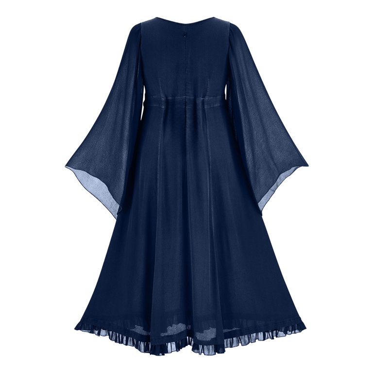 Women's Elegant Long Bell Sleeve V Neck High Waist Ruffle Hem Midi Dresses  Solid Color Mesh Sheer Retro Cocktail Dress - Walmart.com