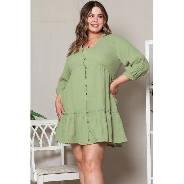 a.Jesdani Robe Courte Verte à Col en V Grande Taille : Volants Texturés et Douceur en Coton