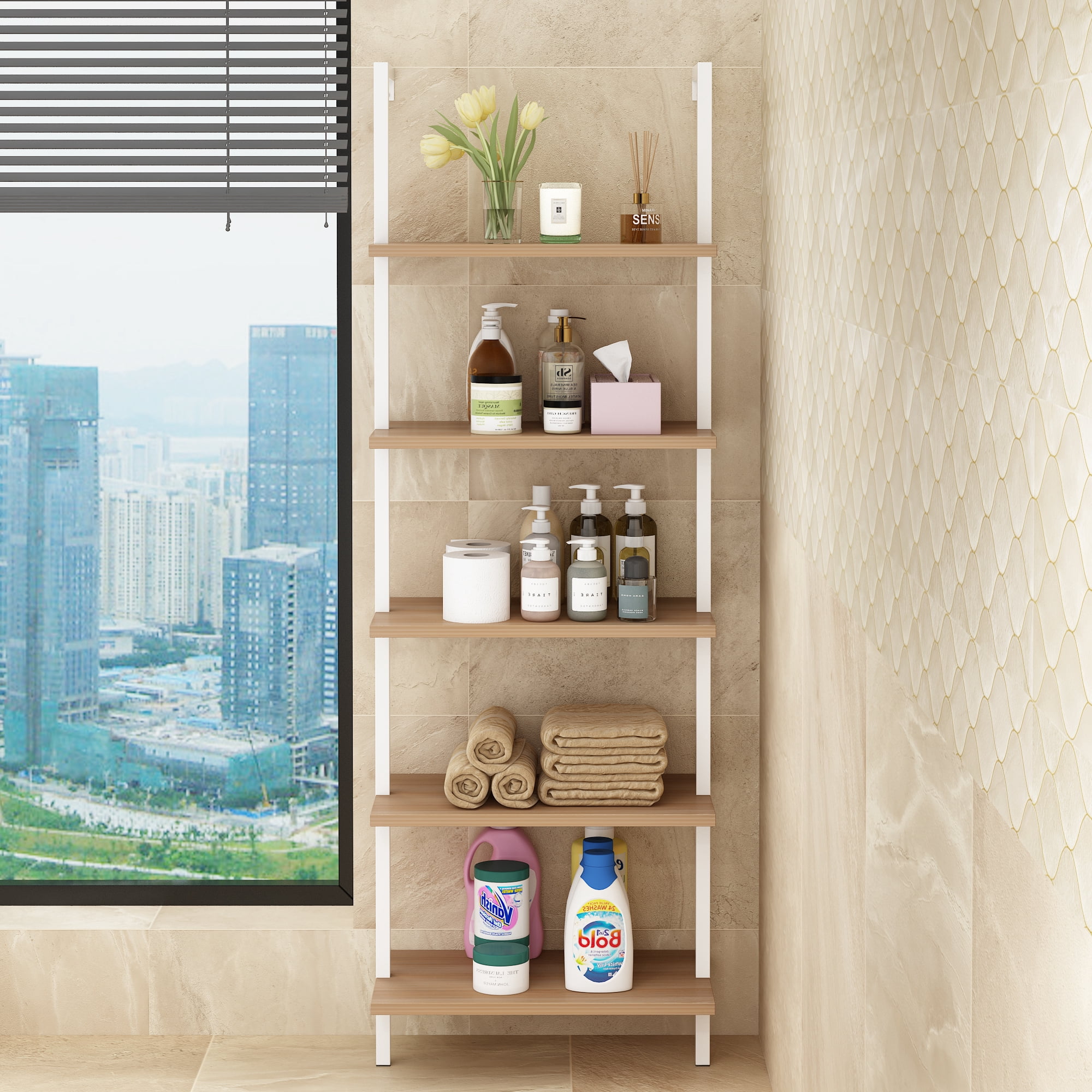 5-Layer Wall-Mounted MDF Iron Frame Display Rack, 24.02 x 12.01 x 72 in, White