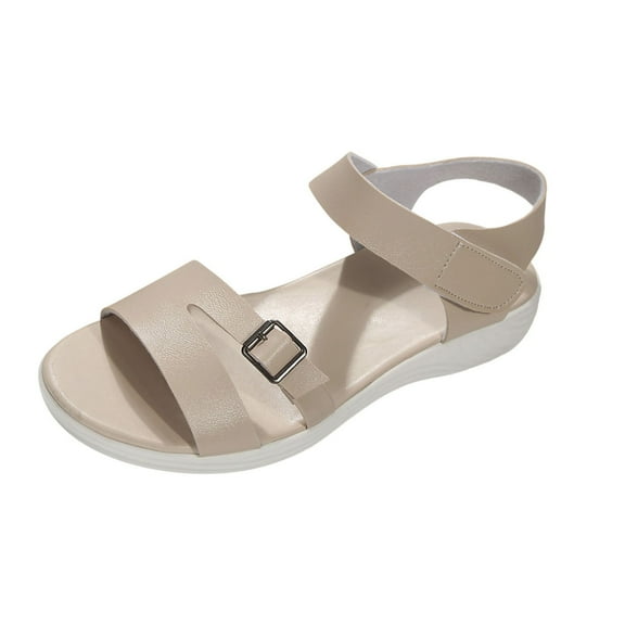 Xfvqtps Hook and Loop Sandals for Women Open Toe Buckle Decor Thick Soft Sole Breathable Comfortable Walking Hook and Loop Sandals Beige