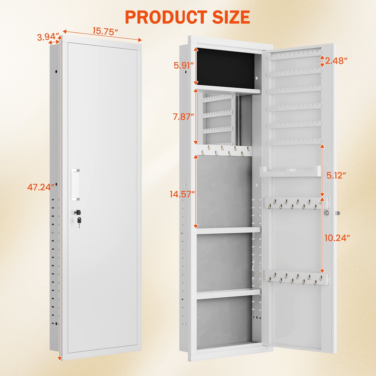 Mirror Jewelry Cabinet, 47.24" Tall Wall Mounted Jewelry Cabinet with Mirror and Light, Large Jewelry Armoire Organizer, Jewelry Storage with Lock & Adjustable Shelves (White