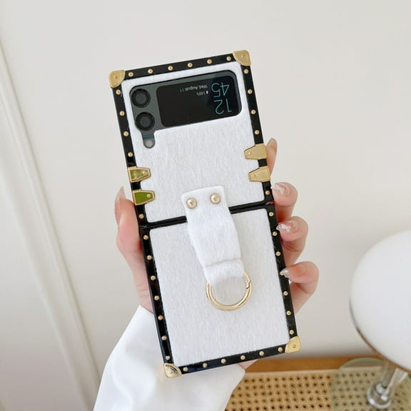 Case Compatible with Samsung Galaxy Z Flip 4 with Ring Ultra Thin Slim Shockproof Plush Case for Women Girls-White