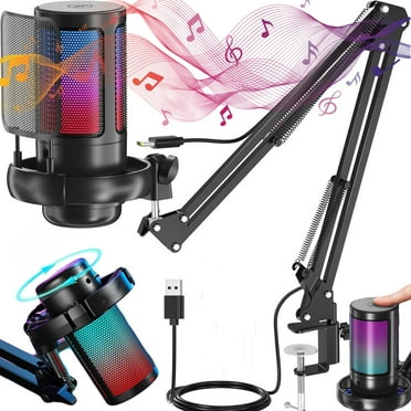 Gaming PC USB Microphone, Podcasting Condenser Microphone with Boom Arm, Pop Filter, Mute Button for Streaming Online Chat, Computer Microphone for PC Gamers