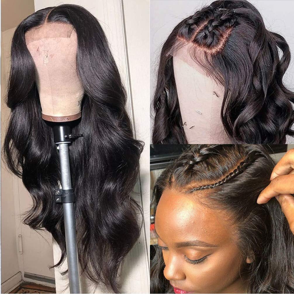 Lace Closure Wigs Human Hair Body Wave Brazilian Virgin Body Wave Human Hair Wigs for Black Women Wavy Human Hair Wig 4X4 Lace Front Wigs Pre Plucked with Baby Hair Bleached Knots (20Inch)