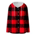 thumbnail image 3 of Christmas Flannel Jackets for Women Button-up Plaid Shirt Jackets Drawstring Long Sleeve Hooded Sweatshirt with Pockets, 3 of 5