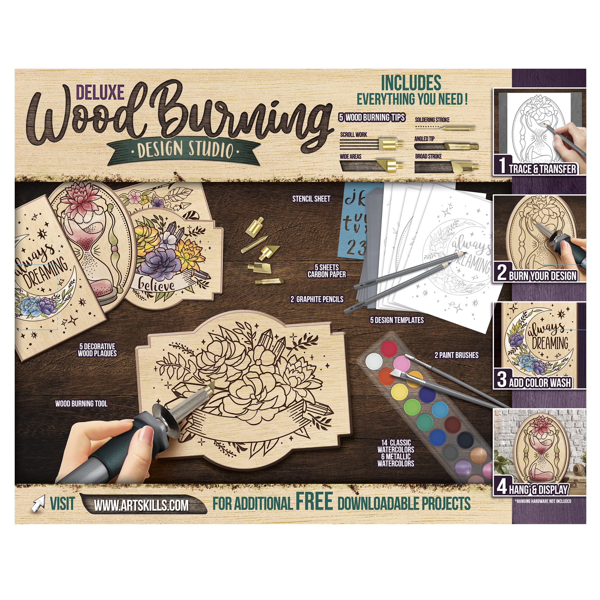 Artskills Wood Burning Kit for Beginners - Deluxe Pyrography Wood Engraving Art Kit with Burner Pen, Stencils, Watercolor Paints - 48 Piece DIY