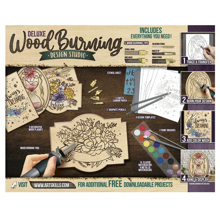 ArtSkills Wood Burning Kit for Beginners - Deluxe Pyrography  Wood Engraving Art Kit with Burner Pen, Stencils, Watercolor Paints - 48  Piece DIY Woodburning Tool Kit for Adults and Kids