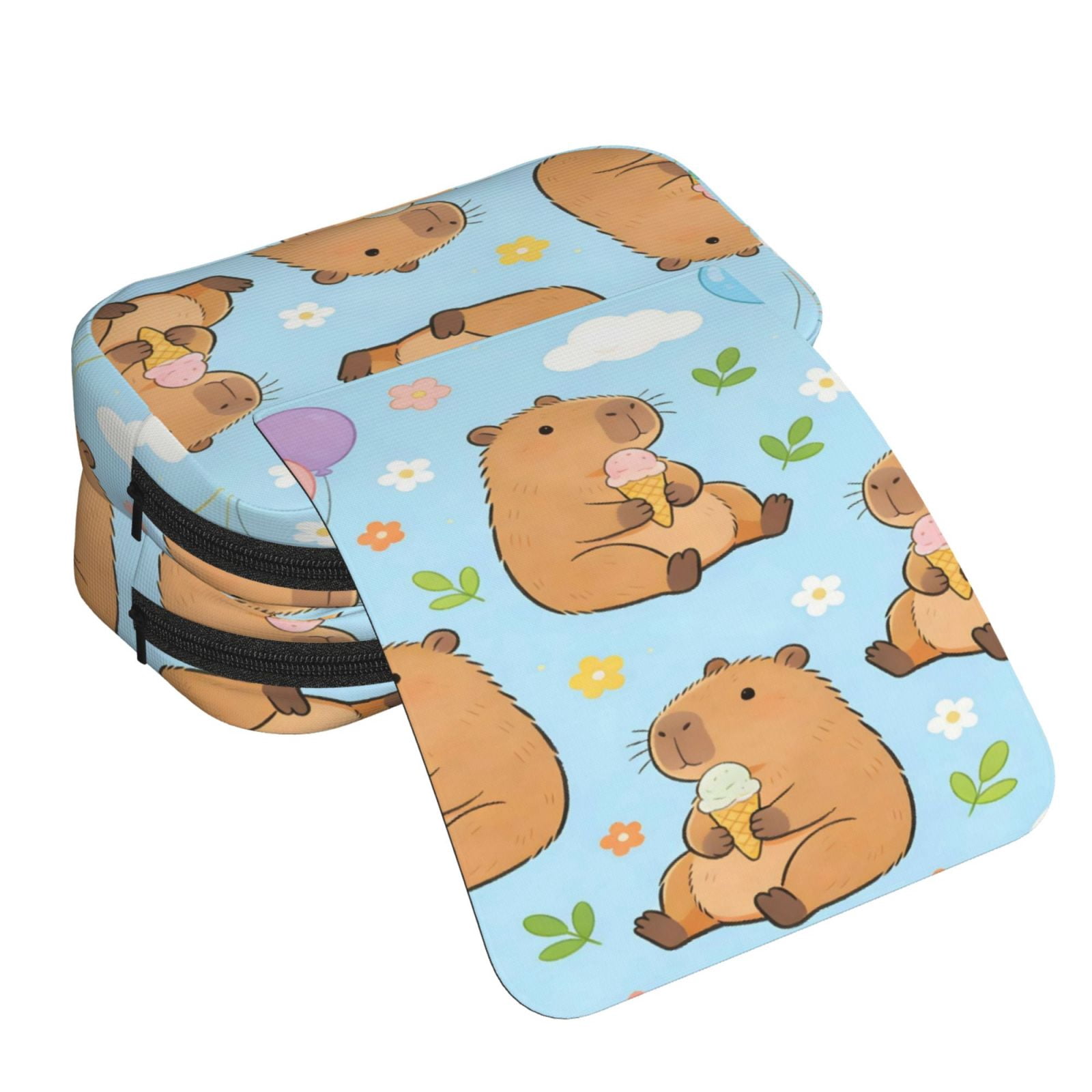 Large-Capacity Flip-Top Double-Layer Pencil Case, Multi-Functional Pocket Pen Case, Durable Stationery Organizer Cute Capybara Flower Balloon Blue Background