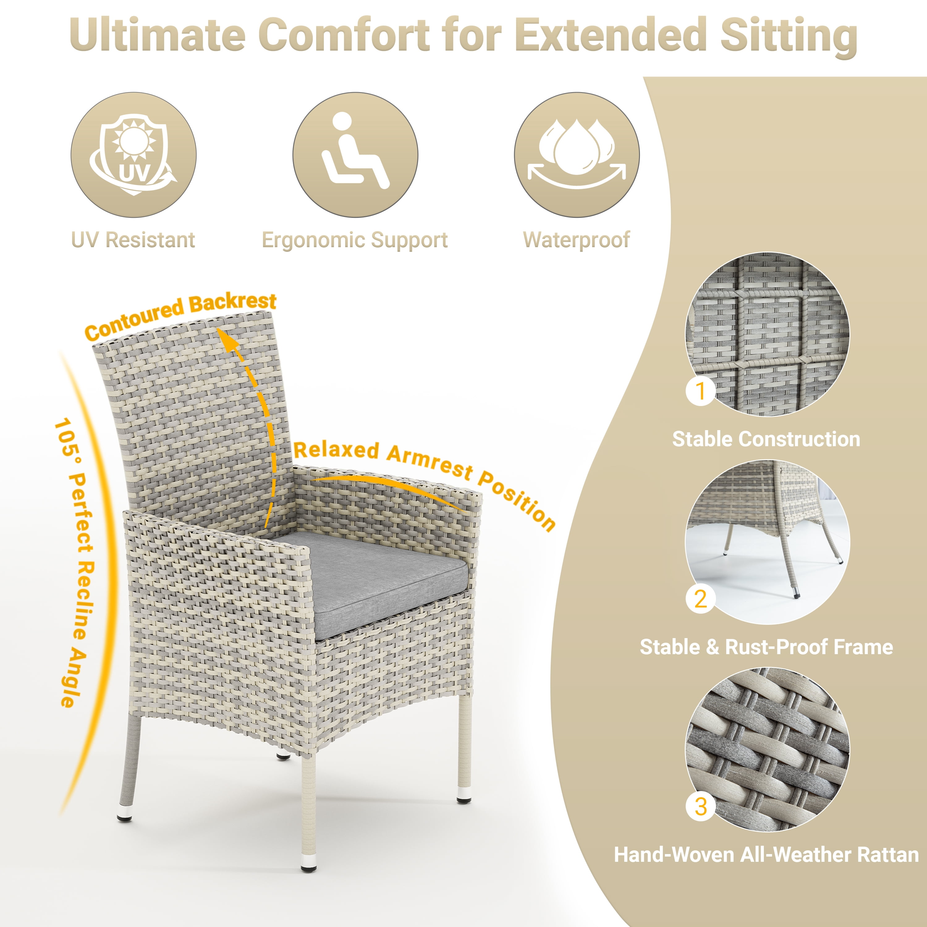 Muphyers 15 Piece Patio Dining Sets for 12 Comfortable Ergonomic Seats Durable Rattan Glass Top Patio Table and Chair Set Removable Cushions Conversation Sets for Home Patio Garden Kitchen,Gray