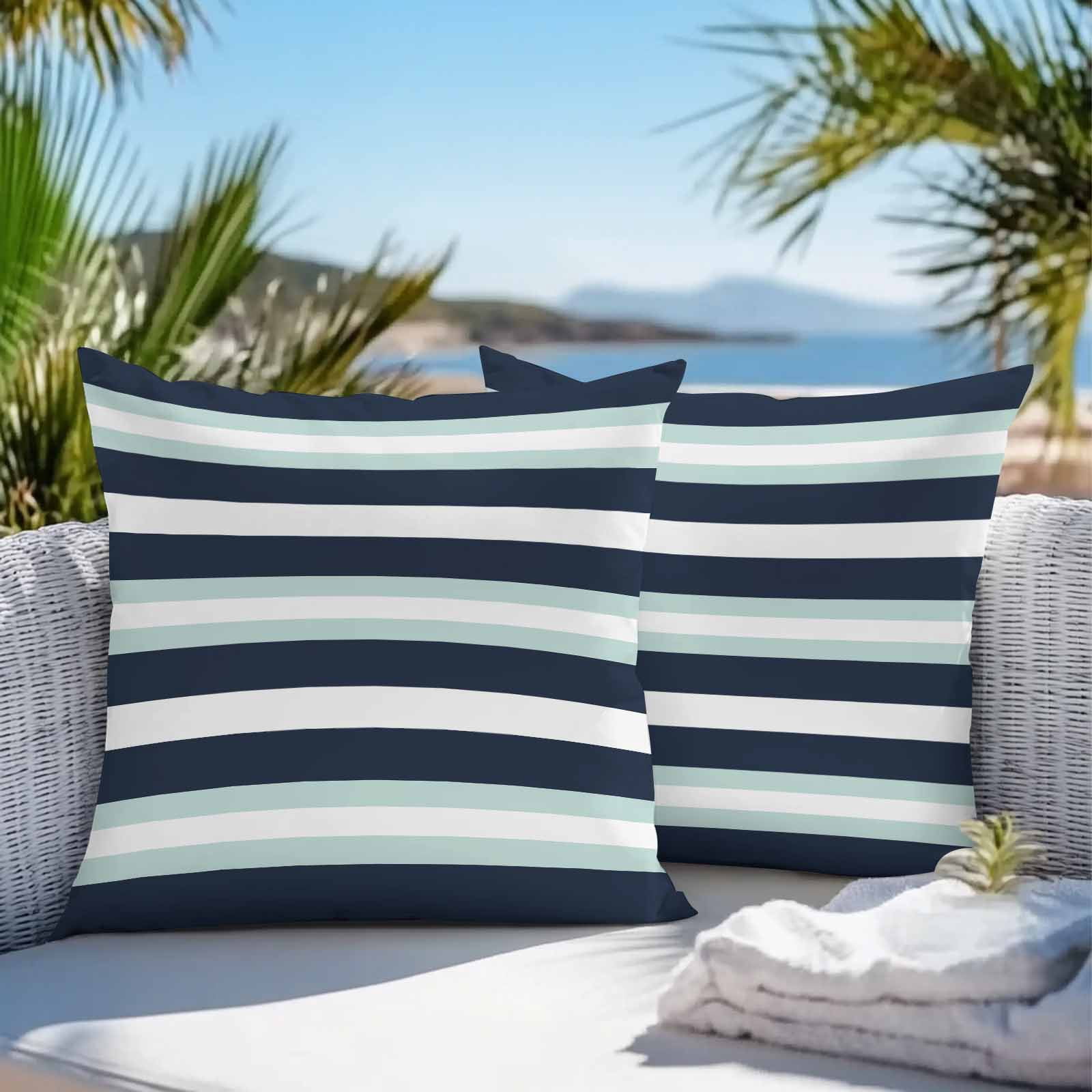 Turquoise Navy Blue Stripe Outdoor Pillow Covers Set of 2 Modern Abstract Waterproof Throw Pillow Case Decorative Square Cushion Cover for Patio Couch Garden Balcony, 18"x18"