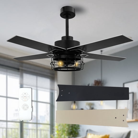 52 Inch Ceiling Fans with Lights and Remote, Reversible, Noiseless, 3 Wind Speeds, Black Ceiling Fan for Bedroom Living room, Indoor/Outdoor Use