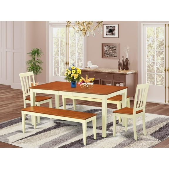 East West Furniture  Dining Table Set Includes a Rectangle Kitchen Table with Butterfly Leaf and 2 Dining Chairs with 2 Benches