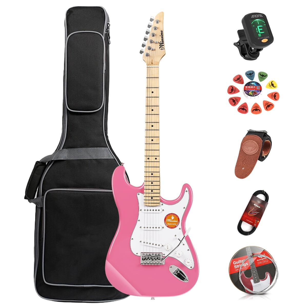 39 Inch Electric Guitar, Full Size Solid Body S-S-S Pickups 6 Strings Beginner Guitar Kit With Gig Bag, Strap, Tremolo Arm, Cable & Picks MS100 -Pink