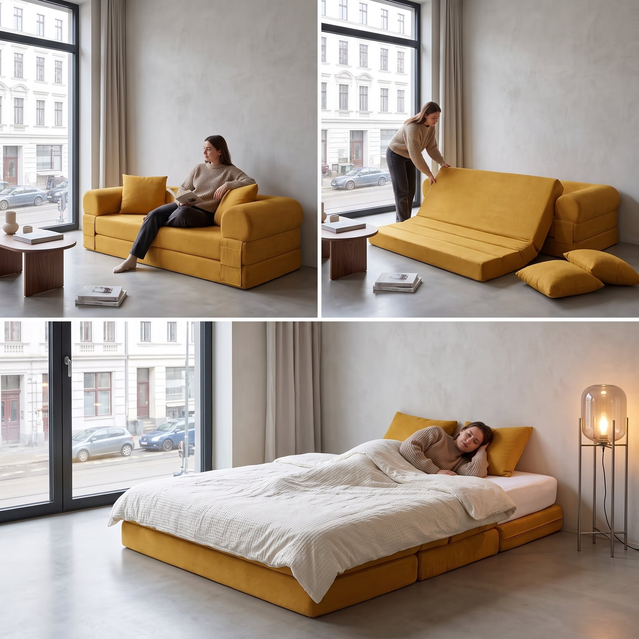 80 Inch 3‑in‑1 Convertible Boneless Sofa Bed, Queen Size Folding Sleeper Couch with Storage Pockets, Corduroy Compressed Sofa in a Box for Living Room