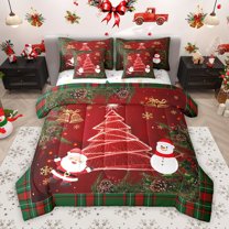 Manfei Mystic Christmas Tree Bedding Comforter Set 7pcs, Kawaii Santa Claus Snowman King Bedding Sets, Red Green Vintage Plaid Reversible Bed Sheets, Lightweight Room Decor