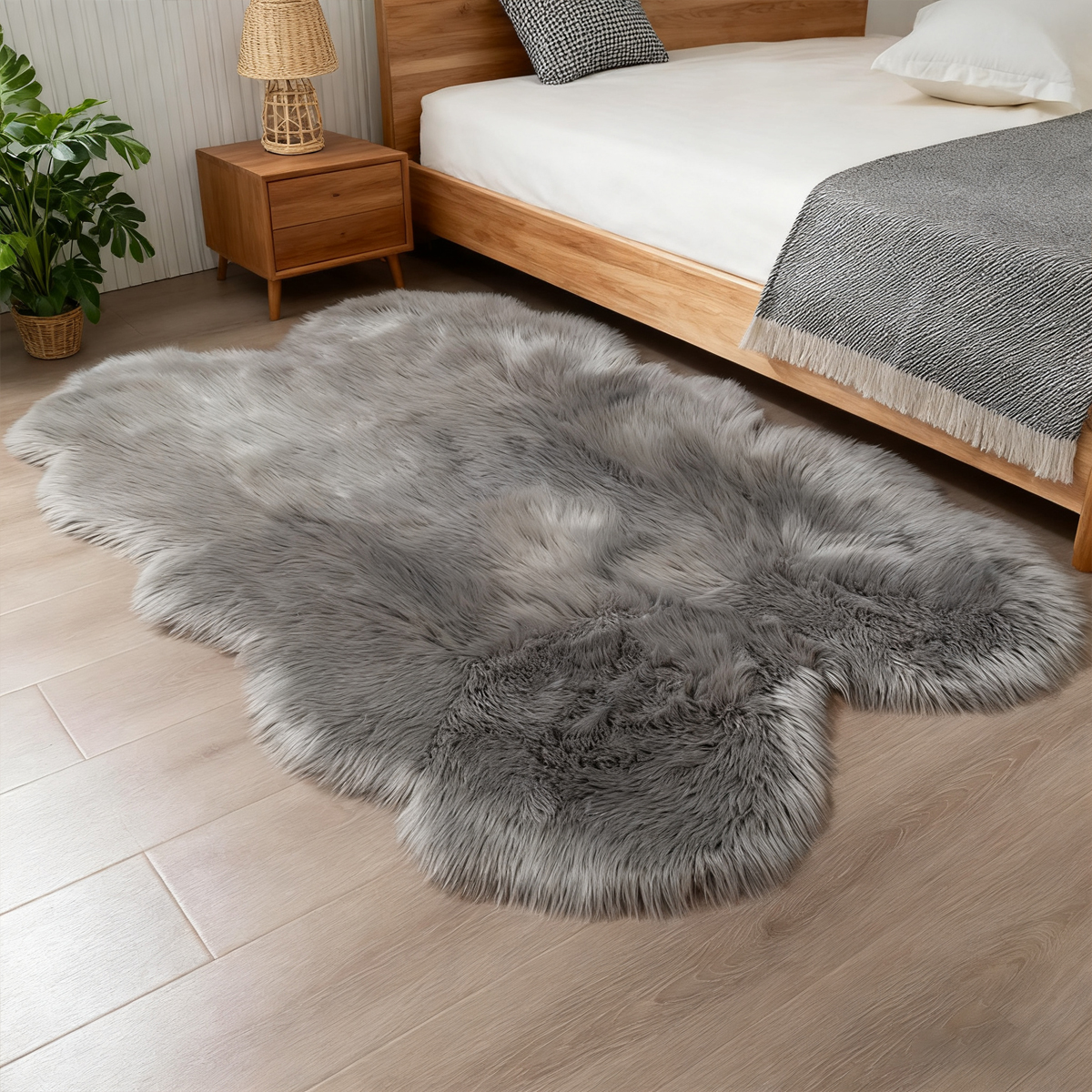 Faux sheepskin rug 4'x6', gray machine-washable plush rug, suitable for use beside the bed in the bedroom, living room, and kids' room