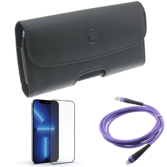 Screen Protector & Case Belt Clip & 10ft USB Cable for iPhone 13 Pro Max ONLY - Anti-Glare Tempered Glass Matte   Leather Holster Cover   Purple Charger Cord Power Combo
