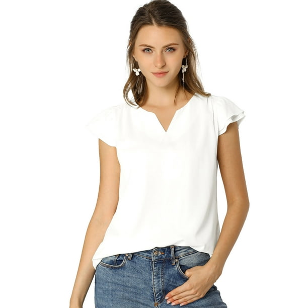 Camiseta Manga Tulipán Cuello En V Básico Para Mujer Blanco M